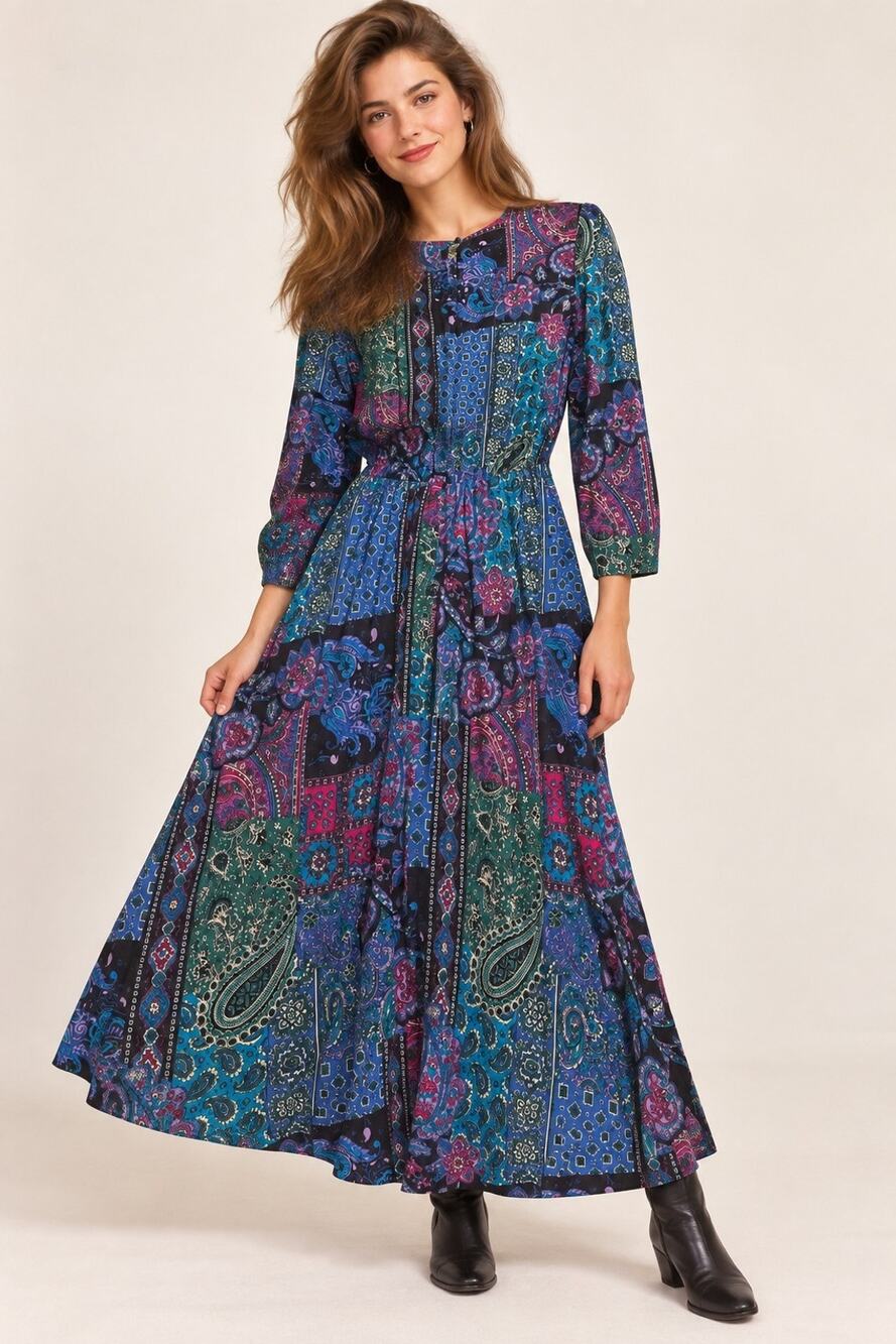 Vintage 90s Bedford Fair Maxi Dress 100% Rayon Paisley Patchwork Boho USA Sz 8